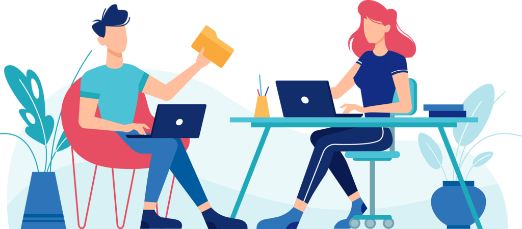 Illustration von 2 Menschen, die am Tisch sitzen und arbeiten