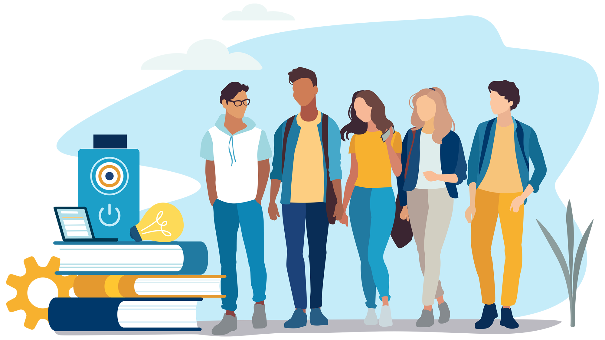 Illustration verschiedener Erwachsener und einem Stapel mit Büchern
