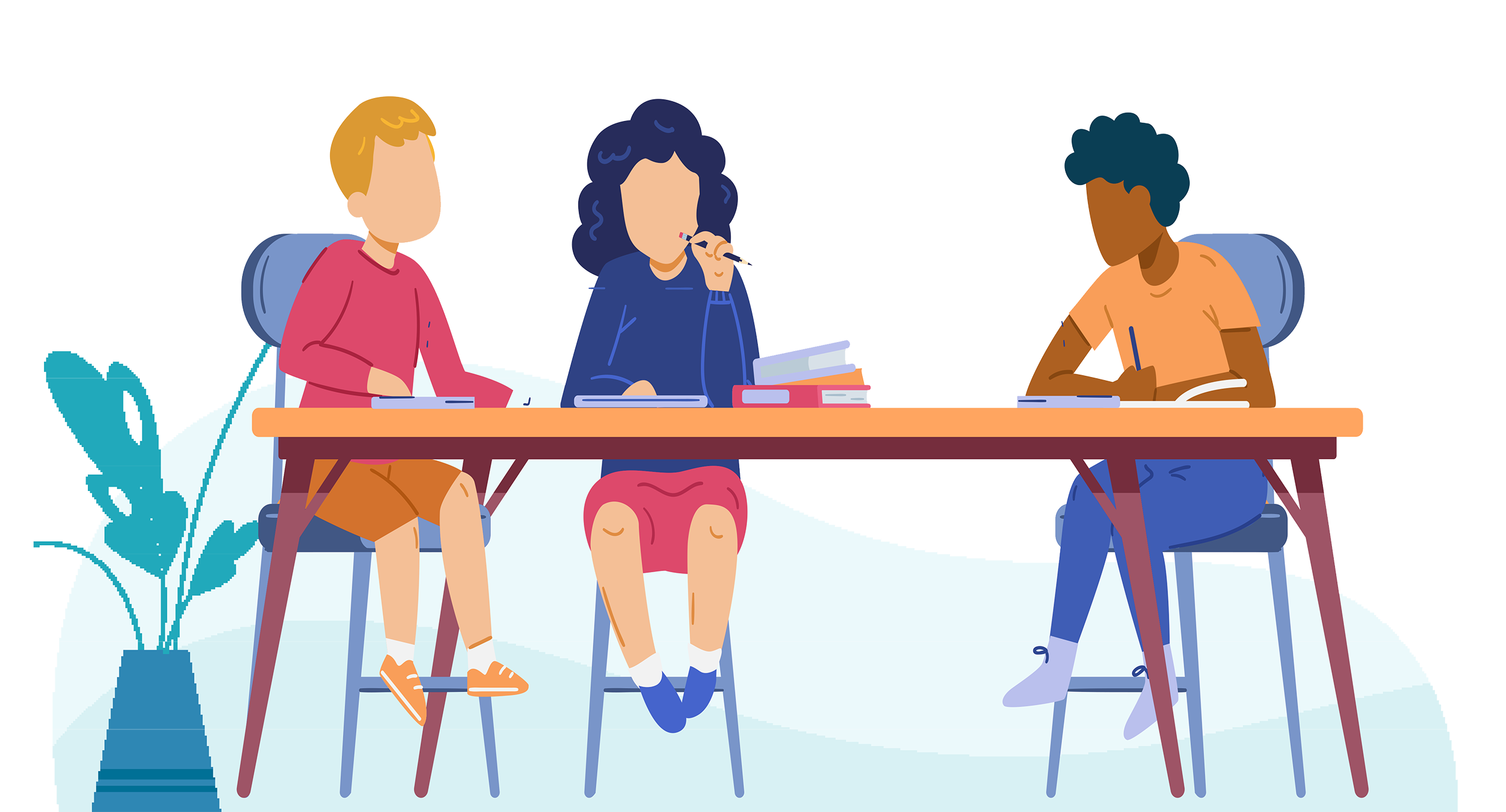Illustration von 3 Kindern, die an einem Tisch sitzen und lernen