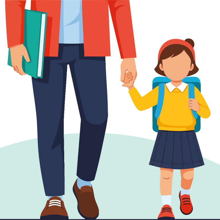 Illustration eines Person, der ein kleines Mädchen zur Schule begleitet.